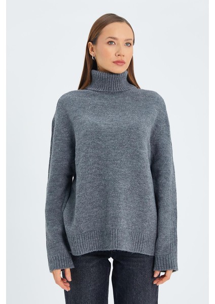 6907 Kadın Fitil Detaylı Triko Kazak Antrasit