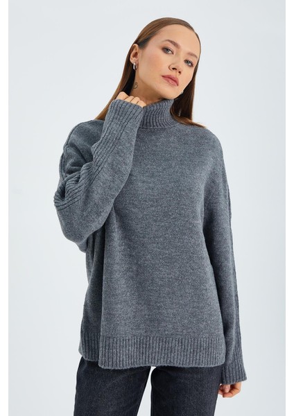 6907 Kadın Fitil Detaylı Triko Kazak Antrasit fiyatları