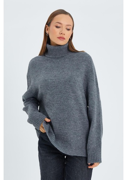 6907 Kadın Fitil Detaylı Triko Kazak Antrasit modelleri