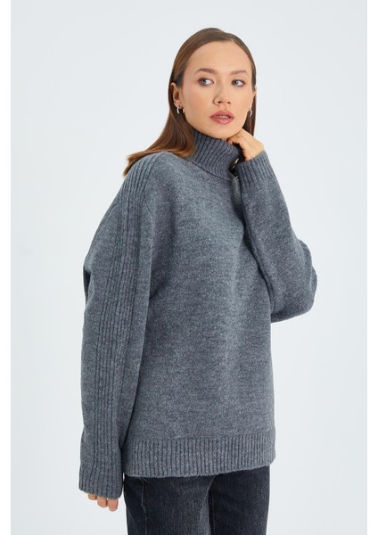 6907 Kadın Fitil Detaylı Triko Kazak Antrasit indirimleri