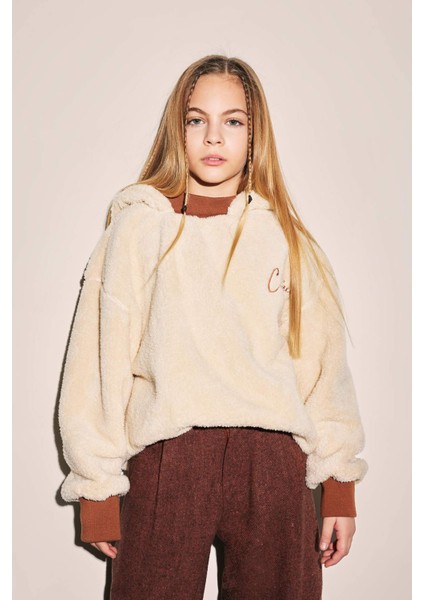 Kız Çocuk Oversize Geniş Kalıp Kapüşonlu Pelüş Sweatshirt B2285A823WN