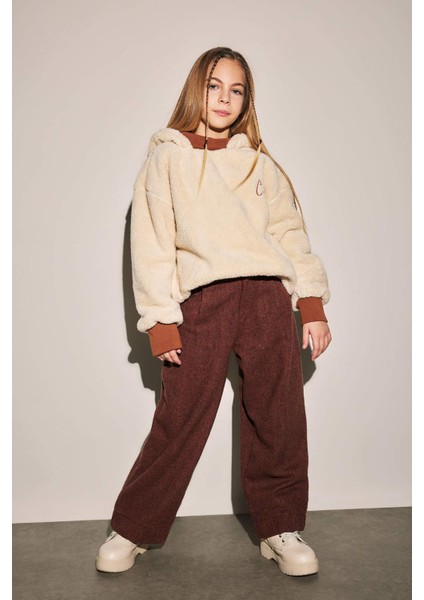 Kız Çocuk Oversize Geniş Kalıp Kapüşonlu Pelüş Sweatshirt B2285A823WN