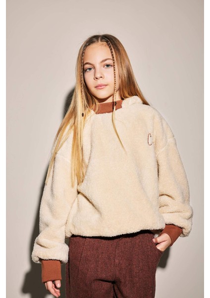 Kız Çocuk Oversize Geniş Kalıp Kapüşonlu Pelüş Sweatshirt B2285A823WN