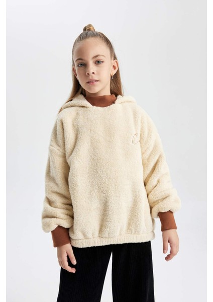 Kız Çocuk Oversize Geniş Kalıp Kapüşonlu Pelüş Sweatshirt B2285A823WN