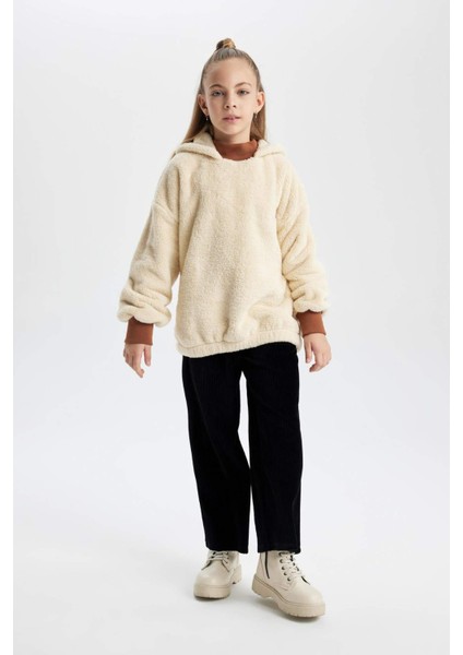 Kız Çocuk Oversize Geniş Kalıp Kapüşonlu Pelüş Sweatshirt B2285A823WN