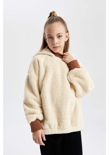 Kız Çocuk Oversize Geniş Kalıp Kapüşonlu Pelüş Sweatshirt B2285A823WN