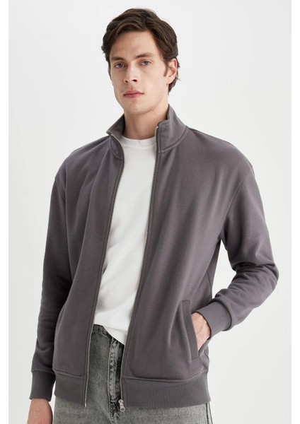 Comfort Regular Fit Rahat Kalıp Dik Yaka Cepli Basic Düz Fermuarlı Sweatshirt A5276AX24SP