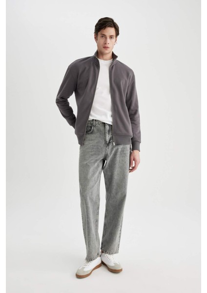 Comfort Regular Fit Rahat Kalıp Dik Yaka Cepli Basic Düz Fermuarlı Sweatshirt A5276AX24SP