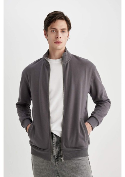 Comfort Regular Fit Rahat Kalıp Dik Yaka Cepli Basic Düz Fermuarlı Sweatshirt A5276AX24SP