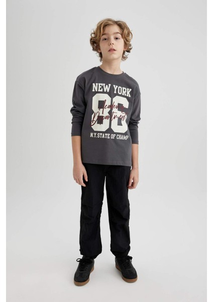 Erkek Çocuk Beli ve Paçası Lastikli Cepli Siyah Jogger Paraşüt Basic Düz Pantolon B6602A824SM