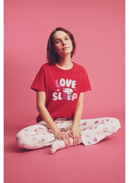 Fall in Love Regular Fit Baskılı Kısa Kollu Pijama Takımı B6207AX24SP