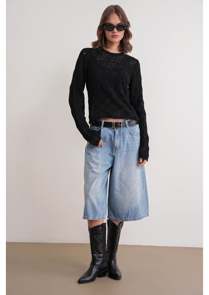 6867 Kadın Kare Desen Ajurlu Triko Kazak Siyah fiyatları