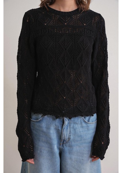 6867 Kadın Kare Desen Ajurlu Triko Kazak Siyah indirimleri