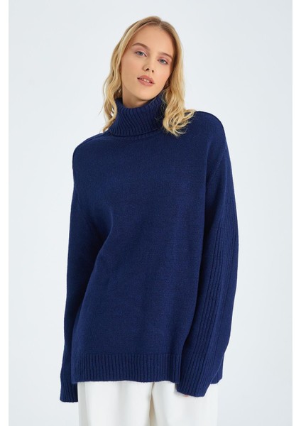 6907 Kadın Fitil Detaylı Triko Kazak Lacivert