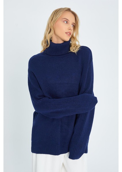 6907 Kadın Fitil Detaylı Triko Kazak Lacivert modelleri