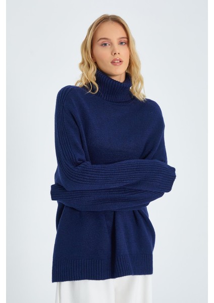 6907 Kadın Fitil Detaylı Triko Kazak Lacivert indirimleri