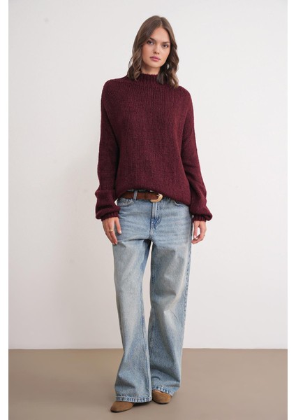 6700 Kadın Dik Yaka Balon Triko Kazak Bordo fiyatları