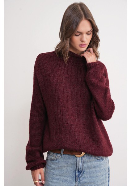 6700 Kadın Dik Yaka Balon Triko Kazak Bordo modelleri