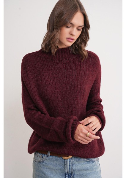 6700 Kadın Dik Yaka Balon Triko Kazak Bordo fırsatları