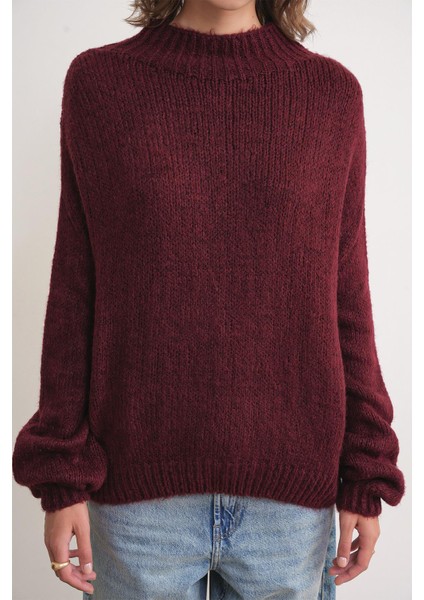 6700 Kadın Dik Yaka Balon Triko Kazak Bordo indirimleri