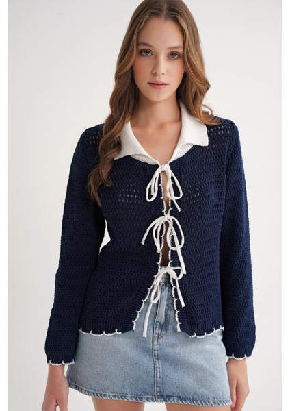 6945 Kadın Ajurlu Bağlamalı Triko Hırka Lacivert