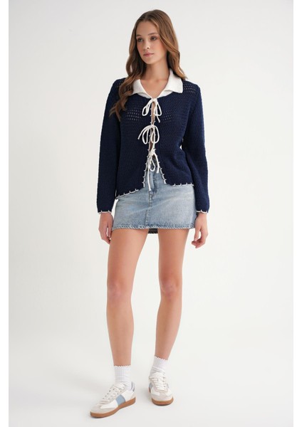 6945 Kadın Ajurlu Bağlamalı Triko Hırka Lacivert fiyatları