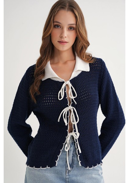 6945 Kadın Ajurlu Bağlamalı Triko Hırka Lacivert modelleri
