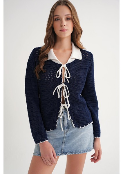 6945 Kadın Ajurlu Bağlamalı Triko Hırka Lacivert fırsatları