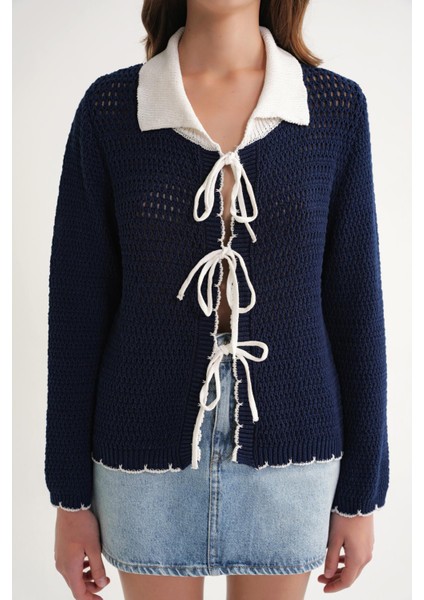 6945 Kadın Ajurlu Bağlamalı Triko Hırka Lacivert indirimleri