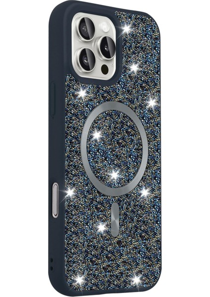 Apple iPhone 15 Pro Max Uyumlu Magsafe Özellikli Taş Kabartmalı Lime Kapak Lacivert