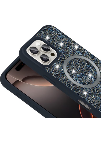 Apple iPhone 15 Pro Max Uyumlu Magsafe Özellikli Taş Kabartmalı Lime Kapak Lacivert modelleri