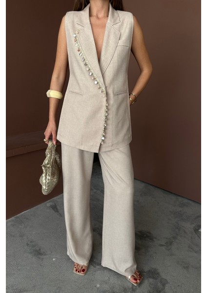 Yaka Midye Kabuğu Sıralı Yelek - Pantolontakım Keten Kumaş - Ham fiyatları