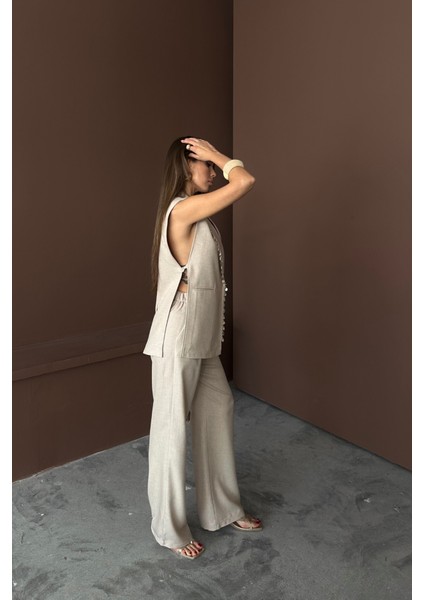 Yaka Midye Kabuğu Sıralı Yelek - Pantolontakım Keten Kumaş - Ham modelleri