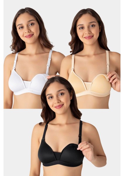 3'lü Paket Beyaz Siyah Ten Kadın Balensiz Kaplı Emzirme Sütyeni Göğüs Ucu Görünmez Pamuklu Yumuşak Dokulu