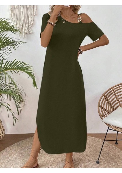 Eyesof Kadın Tek Omuzdan Açık Toka Detaylı Yandan Yırtmaçlı Maksi Boy Viskon Elbise fiyatları