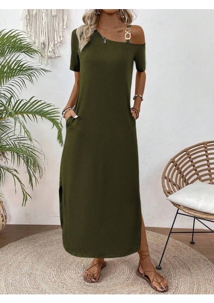 Eyesof Kadın Tek Omuzdan Açık Toka Detaylı Yandan Yırtmaçlı Maksi Boy Viskon Elbise