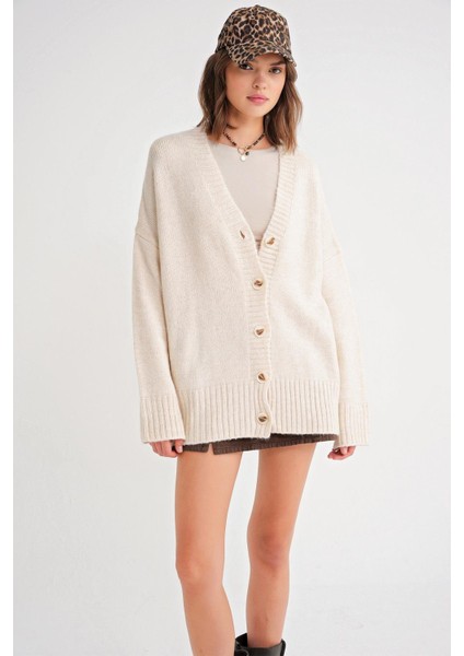 6927 Kadın Yumuşak Dokulu Salaş Basic Triko Hırka Naturel modelleri