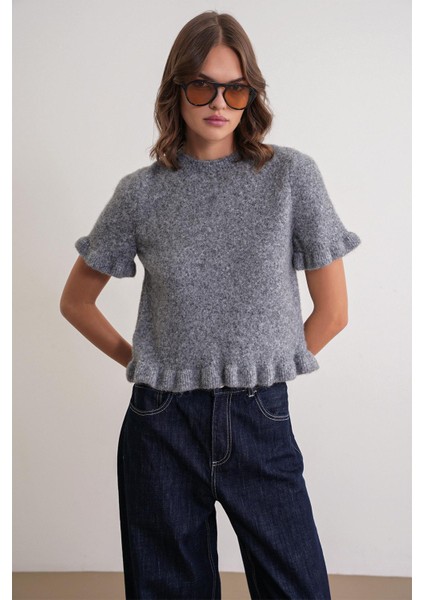 6974 Kadın Fırfırlı Yün Karışımlı Kısa Kol Premium Kazak Koyu Gri