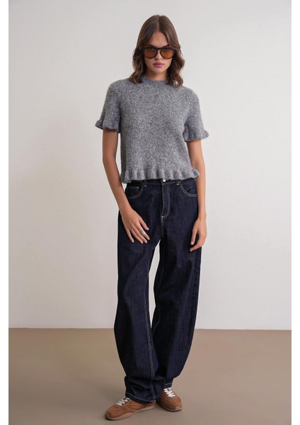 6974 Kadın Fırfırlı Yün Karışımlı Kısa Kol Premium Kazak Koyu Gri fiyatları