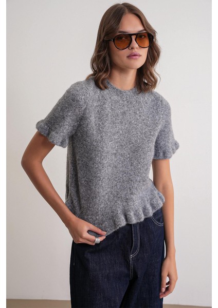 6974 Kadın Fırfırlı Yün Karışımlı Kısa Kol Premium Kazak Koyu Gri modelleri