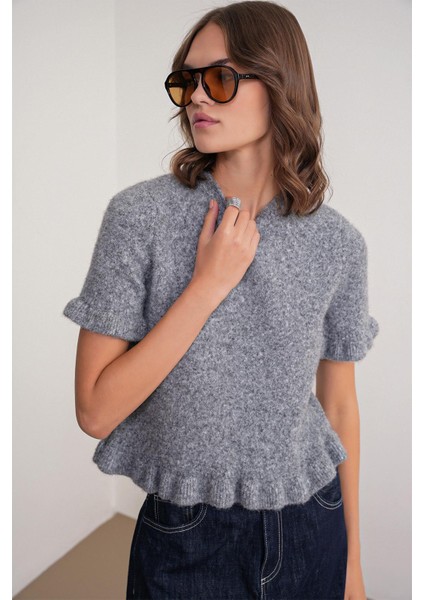 6974 Kadın Fırfırlı Yün Karışımlı Kısa Kol Premium Kazak Koyu Gri fırsatları