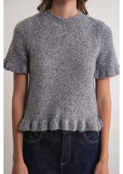 6974 Kadın Fırfırlı Yün Karışımlı Kısa Kol Premium Kazak Koyu Gri indirimleri