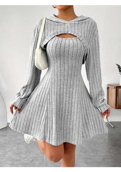 Kadın Uzun Kollu Kapüşonlu Ceket Üst ve Askısız Kare Yaka A Kesim Şardonlu Kaşkorse Elbise fiyatları