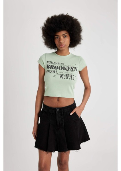 Fitted Bisiklet Yaka Baskılı Fitilli Kaşkorse Kısa Kollu Tişört B6813AX24SM