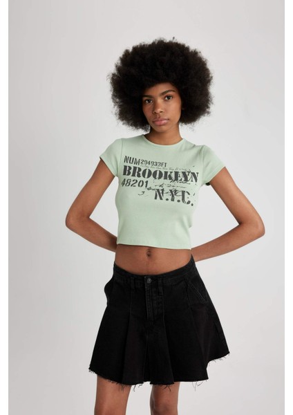 Fitted Bisiklet Yaka Baskılı Fitilli Kaşkorse Kısa Kollu Tişört B6813AX24SM