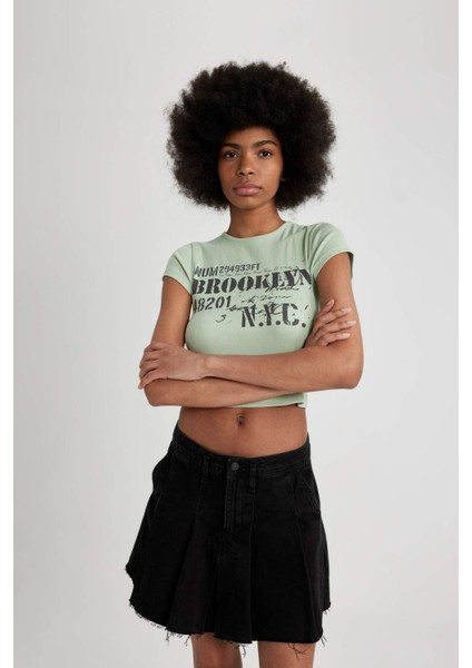 Fitted Bisiklet Yaka Baskılı Fitilli Kaşkorse Kısa Kollu Tişört B6813AX24SM