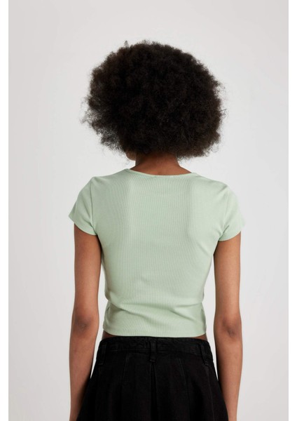 Fitted Bisiklet Yaka Baskılı Fitilli Kaşkorse Kısa Kollu Tişört B6813AX24SM