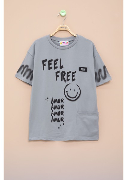 Füme Cep Detaylı Yazı Baskılı Erkek Çocuk Bisiklet Yaka Tişört 20906