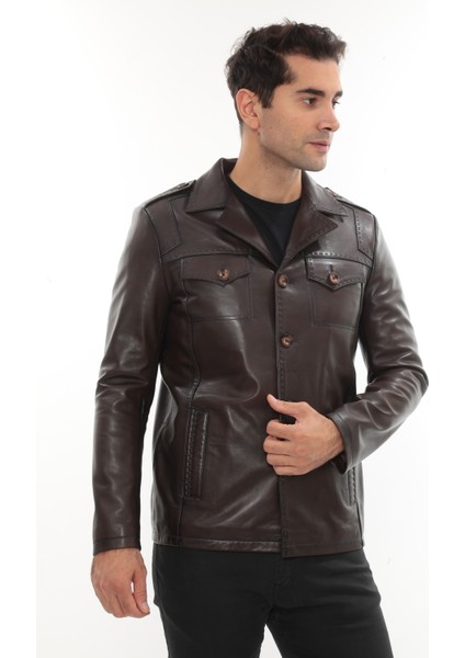 Erkek Punto Dikişli Düğmeli Hakiki Deri Ceket - 2115