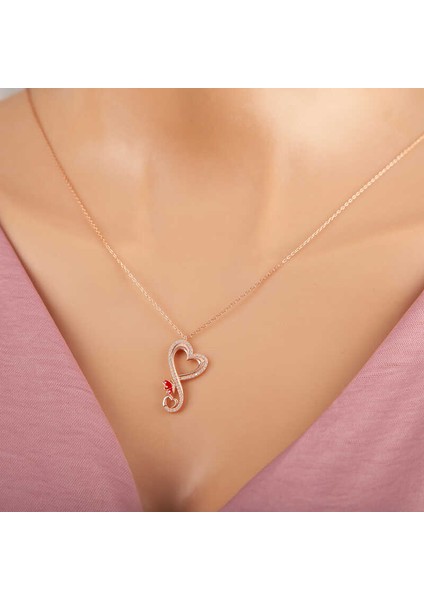 Gümüş Rose Kalpli Kelebek Kadın Kolye (BC-49148A)